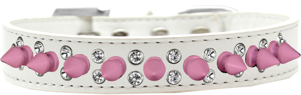 Double Crystal and Light Pink Spikes Dog Collar White Size 12